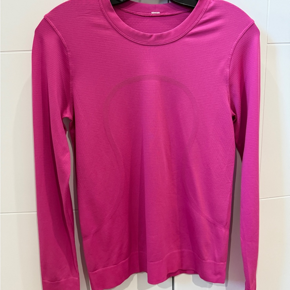 Fitted Pink Long Sleeve Crew Neck Sweatshirt